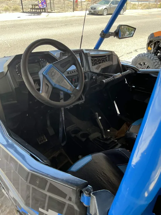 Front interior of the blue RZR side-by-side