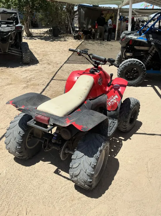 Rear view of a red single-rider ATV